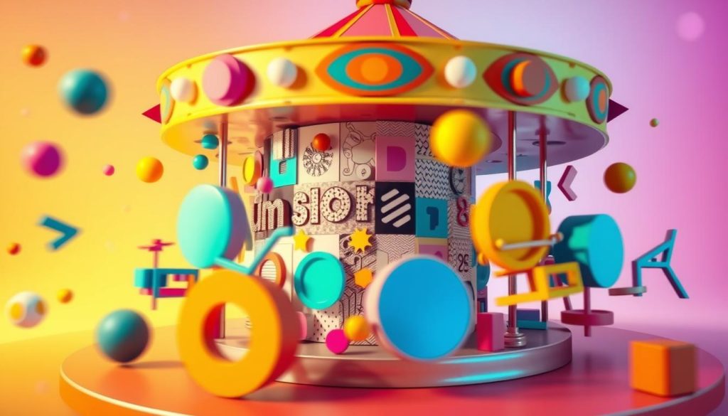 A vibrant, colorful carousel of playful visuals, showcasing a dynamic array of shapes, patterns, and eye-catching graphics. The foreground features a whimsical arrangement of geometric shapes, including circles, squares, and triangles, rotating and interacting in a captivating motion. The middle ground presents a collage of abstract, textured elements, each with a unique visual interest, creating a sense of depth and visual complexity. The background sets the scene with a soft, dreamy gradient, bathed in warm, inviting lighting that casts a gentle glow on the carousel elements. The overall mood is upbeat, engaging, and designed to capture the attention of the viewer, perfectly suited for an impactful carousel ad campaign.