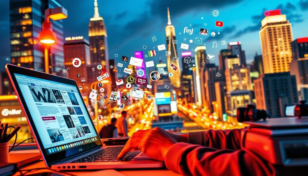 A vibrant, colorful scene depicting the power of content marketing in the digital age. In the foreground, a skilled content creator types away on a sleek laptop, surrounded by an array of digital devices and tools. In the middle ground, a cascade of multimedia content - articles, social media posts, videos, and infographics - flows across the screen, captivating and engaging a diverse online audience. In the background, a cityscape of towering skyscrapers and bustling streets serves as a dynamic backdrop, symbolizing the scale and reach of modern digital marketing. The lighting is warm and inviting, casting a glow of productivity and innovation. The overall atmosphere conveys the transformative potential of strategic, high-quality content in today's digital landscape.