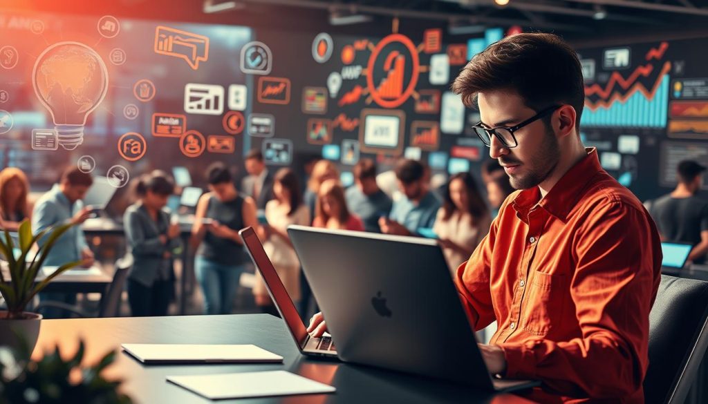A vibrant content marketing scene with a lead generation focus. In the foreground, a professional content creator crafting engaging digital assets on a laptop, surrounded by metaphorical ideas and inspiration. In the middle ground, a diverse group of prospective leads interacting with the content on various devices, their interest piqued. The background depicts a bustling digital landscape with analytics, automation tools, and conversion funnels, all working in harmony to drive lead generation. Warm lighting, a sharp depth of field, and a sense of forward momentum create an atmosphere of productivity and growth.