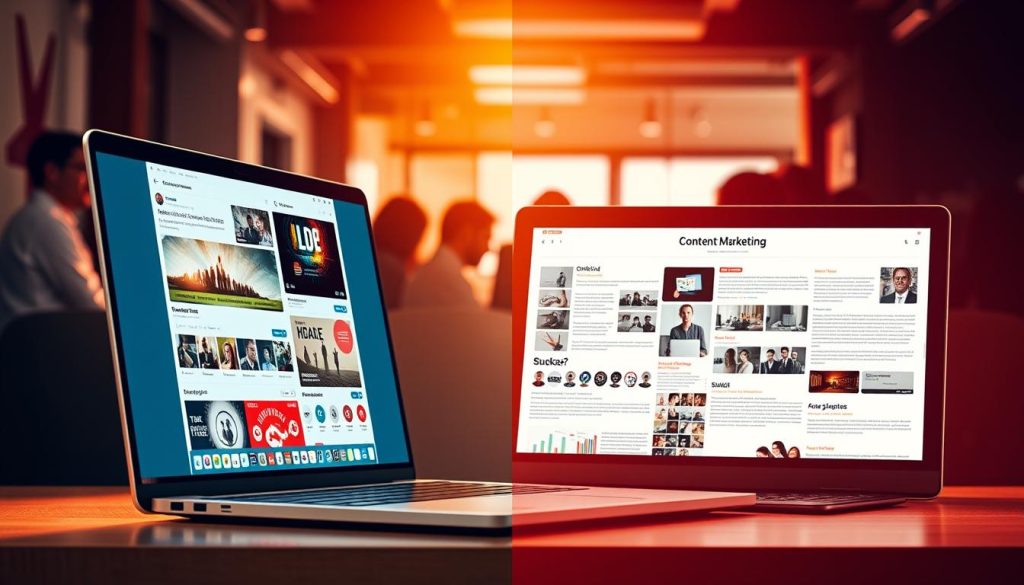 A vibrant contrast between two marketing strategies, illuminated by a warm, hazy light. In the foreground, a sleek laptop displays dynamic social media feeds, icons, and engagement metrics. In the middle ground, a desktop computer showcases well-crafted content - articles, infographics, and multimedia assets. The background reveals a bustling office environment, with team members collaborating and strategizing. The scene conveys the distinct yet complementary nature of content marketing and social media marketing, hinting at the power of their synergy.