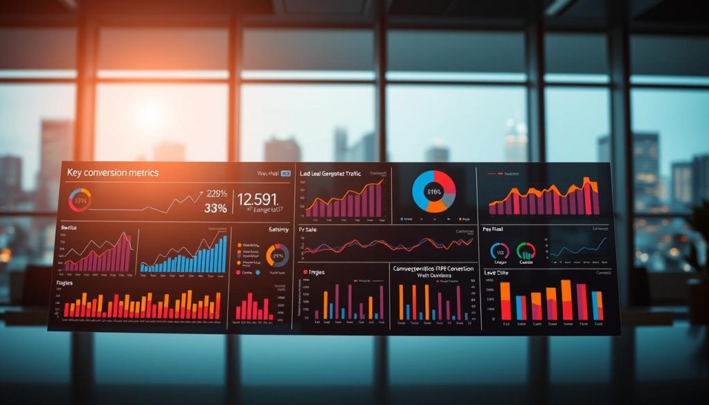 A vibrant data dashboard showcasing key conversion metrics, illuminated by a warm, focused light. In the foreground, a series of interactive charts and graphs display web traffic, lead generation, and sales data. The mid-ground features an array of progress bars and KPI indicators, casting a soft glow. The background depicts a sleek, modern office setting, with large windows overlooking a bustling cityscape. The overall atmosphere is one of analytical clarity, strategic focus, and data-driven decision making.