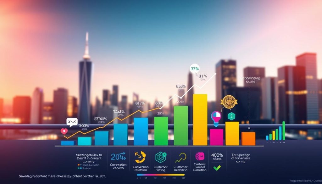 A vibrant, data-driven infographic showcasing the measurable impact of effective content marketing on business growth. In the foreground, a dynamic bar chart depicting key ROI metrics such as lead generation, conversion rates, and customer retention. The middle ground features an array of colorful icons and visualizations highlighting the value of content marketing strategies. In the background, a sleek, minimalist cityscape backdrop, conveying the professional, high-impact nature of the content. The overall scene is illuminated by warm, directional lighting, creating a sense of clarity and authority around the data-driven insights. The composition is balanced, with a clean, modern aesthetic that appeals to a discerning business audience.