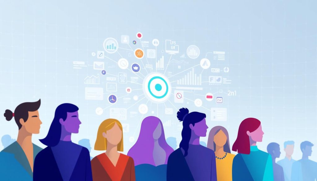 A vibrant data visualization depicting the target audience analysis, set against a clean, minimalist background. In the foreground, a diverse group of people represented by abstract avatars, each with unique characteristics. In the middle ground, a network of interconnected data points and analytics, illuminating the key demographics, interests, and behaviors of the target audience. The background features a subtle grid pattern, with strategic pops of color to enhance the overall visual appeal. Soft, diffused lighting creates a sense of depth and balance, while the angle of the composition emphasizes the analytical nature of the subject matter.