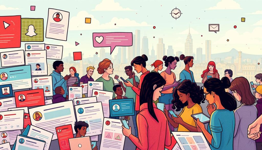 A vibrant, detailed illustration depicting various forms of user-generated content. In the foreground, a collage of social media posts, reviews, and blog articles. The middle ground showcases a group of diverse people creating and sharing content on digital devices, with a warm, natural lighting. In the background, a cityscape or technology-inspired landscape sets the scene, conveying a sense of interconnectedness and the digital age. The overall composition should capture the dynamic, collaborative nature of user-generated content marketing.