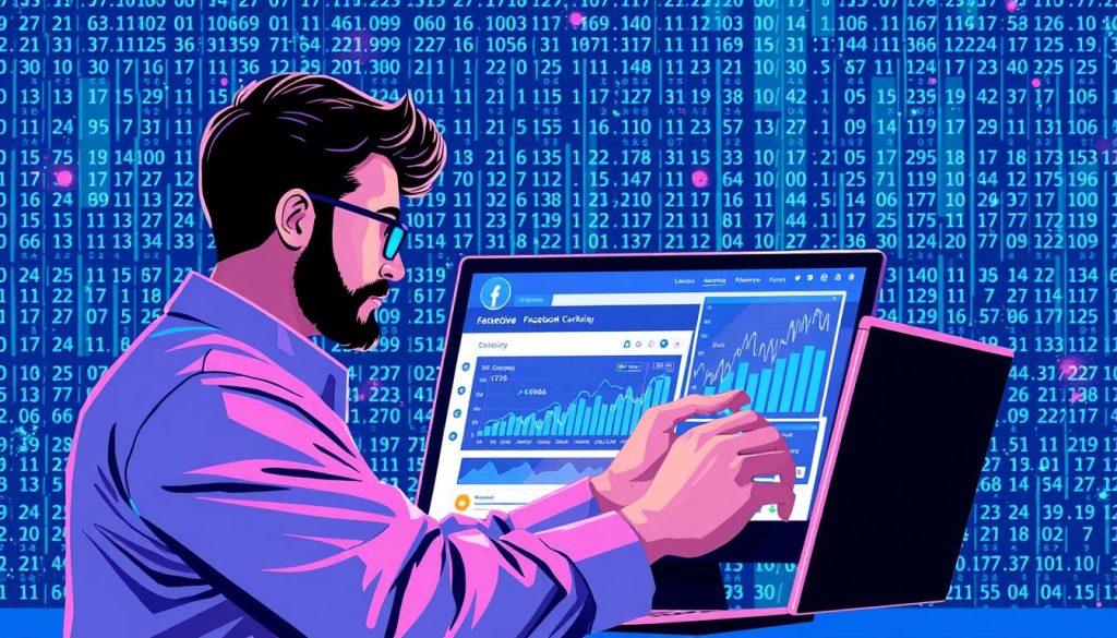 A vibrant digital illustration showcasing the optimization of Facebook ad performance. In the foreground, a skilled digital marketer analyzes a detailed data visualization, meticulously adjusting parameters to fine-tune the ad campaign. The middle ground features a sleek, minimalist Facebook interface, with subtle animations and interactions. In the background, a matrix-like grid of numerical data and algorithm visualizations, conveying the complex, data-driven nature of effective Facebook ad optimization. The scene is bathed in a cool, neon-tinged lighting, creating a pulsing, futuristic atmosphere. The overall composition communicates the critical importance of data-driven, systematic optimization for maximizing the impact of Facebook advertising.