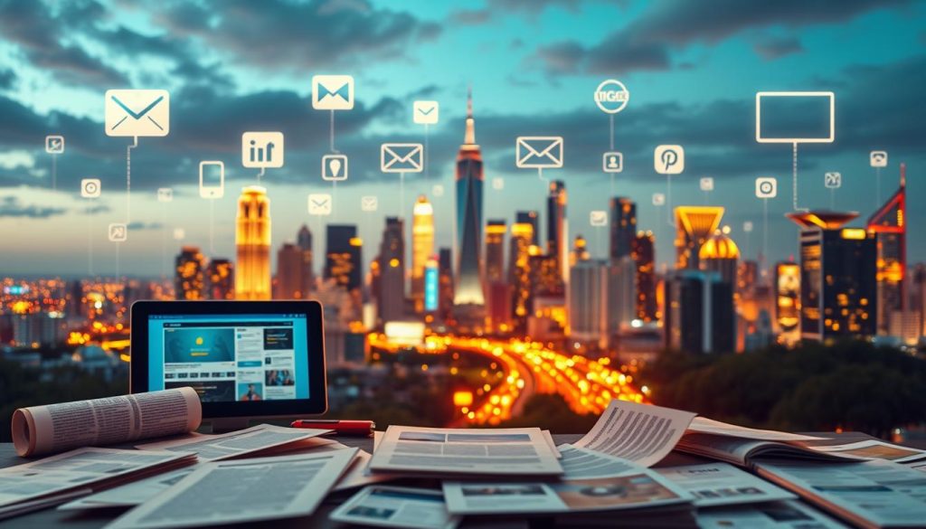 A vibrant digital landscape showcasing a strategic content marketing distribution strategy. In the foreground, various content assets - articles, social media posts, videos - are neatly arranged, conveying a sense of organization and intentionality. The middle ground features an array of digital platforms and channels - social media icons, website mockups, email newsletters - all interconnected, illustrating the seamless integration of content across multiple touchpoints. In the background, a city skyline with towering skyscrapers and glowing digital displays, symbolizing the scale and reach of the content marketing efforts. Warm lighting casts a soft glow, creating an atmosphere of productivity and success. The entire scene conveys a comprehensive, well-executed content marketing distribution strategy driving measurable results.