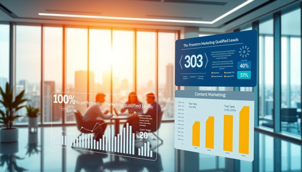 A vibrant digital landscape showcasing the power of content marketing in generating marketing qualified leads. In the foreground, a dynamic infographic displays key performance metrics, while in the middle ground, a team of creatives collaborates on a content strategy, their faces illuminated by a warm, natural lighting. The background features a sleek, modern office setting, with floor-to-ceiling windows offering a panoramic view of a bustling city skyline. The overall atmosphere conveys a sense of productivity, innovation, and the synergy between content creation and lead generation.