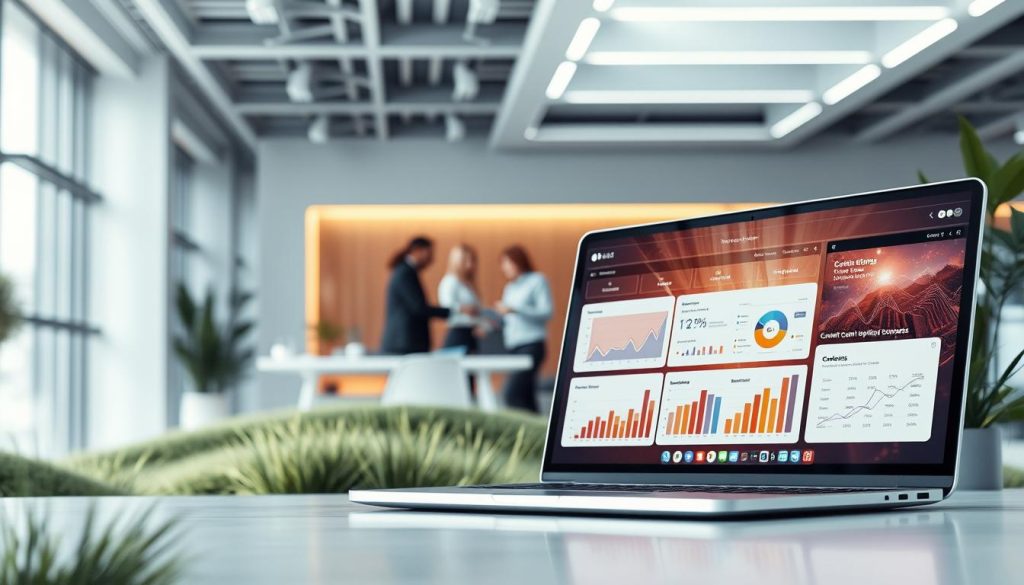 A vibrant, digital landscape with a prominent focal point depicting the "content marketing strategy". In the foreground, a laptop screen displays a dynamic dashboard with analytics, charts, and metrics, symbolizing the data-driven approach. In the middle ground, a team of professionals collaborates, brainstorming ideas and strategizing content creation. The background features a modern, minimalist office setting with clean lines, ample natural lighting, and sleek, futuristic technology. The overall atmosphere conveys a sense of innovation, efficiency, and the power of content marketing to drive business success in the digital age.