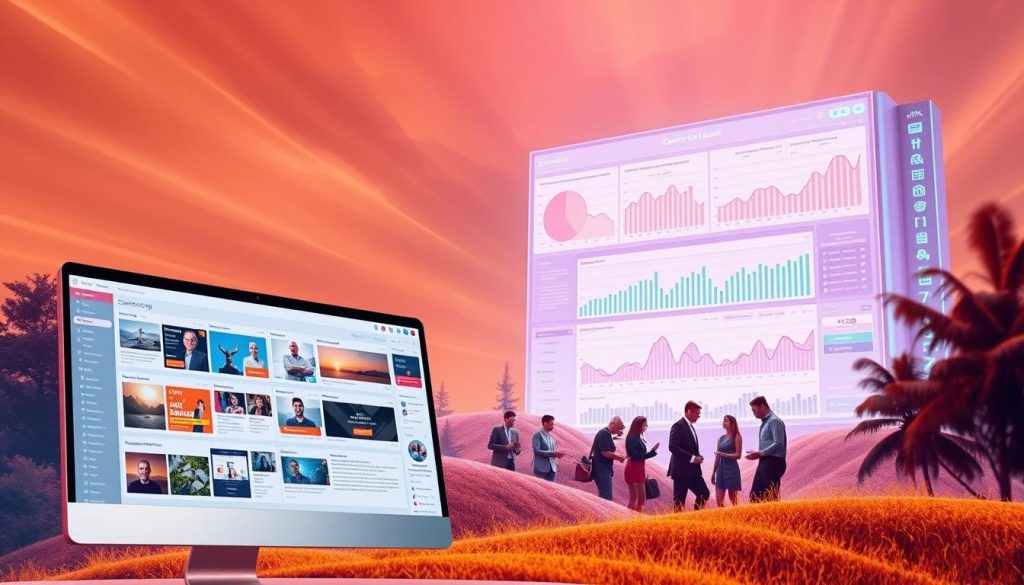 A vibrant, dynamic digital landscape showcasing the power of content marketing automation. In the foreground, a sleek, modern computer interface displays an array of customizable content creation and scheduling tools. The middle ground features a team of content creators, strategists, and marketers collaborating seamlessly, their expressions focused and determined. In the background, a towering data visualization dashboard illuminates the real-time performance metrics, ROI insights, and automated optimization algorithms driving their success. Warm, diffused lighting casts an air of productivity and efficiency, while a sense of forward momentum and innovation permeates the scene. The overall atmosphere conveys the key benefits of content marketing automation: increased efficiency, data-driven decision making, and maximized return on investment.
