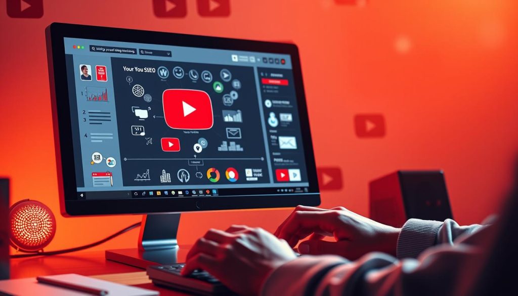 A vibrant, dynamic image showcasing "YouTube SEO for Beginners". Set against a backdrop of a stylized YouTube interface, the foreground features a desktop computer screen displaying a step-by-step tutorial on optimizing video content for search. Intricate icons, graphs, and data visualizations populate the screen, guiding the viewer through the process. The middle ground depicts a person, hands poised over a keyboard, intently focused on the task at hand. Warm, diffused lighting casts a glow over the scene, creating an atmosphere of productivity and engagement. The background subtly incorporates the YouTube logo and branding elements, reinforcing the context. The overall composition conveys a sense of mastery and expertise in the field of YouTube marketing and SEO optimization.