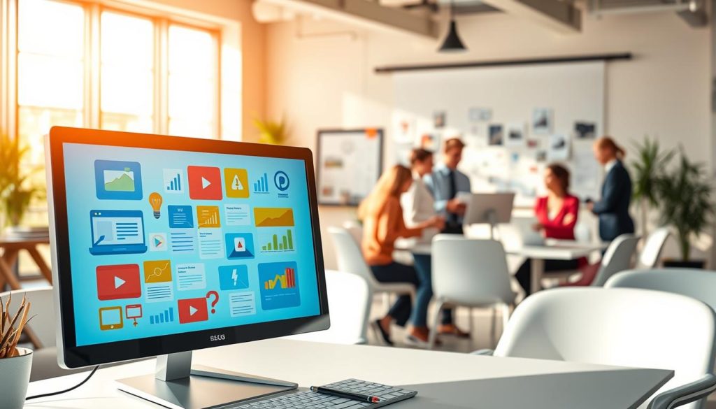 A vibrant, dynamic image showcasing the power of content marketing strategy. In the foreground, a computer screen displays an array of digital assets - blogs, social media posts, videos, and infographics. The middle ground features a team of content creators collaborating, brainstorming ideas, and crafting engaging narratives. The background is a modern, minimalist office setting, bathed in warm, natural lighting that creates a sense of productivity and focus. The overall composition conveys the synergy, creativity, and strategic thinking that underpin a successful content marketing approach.