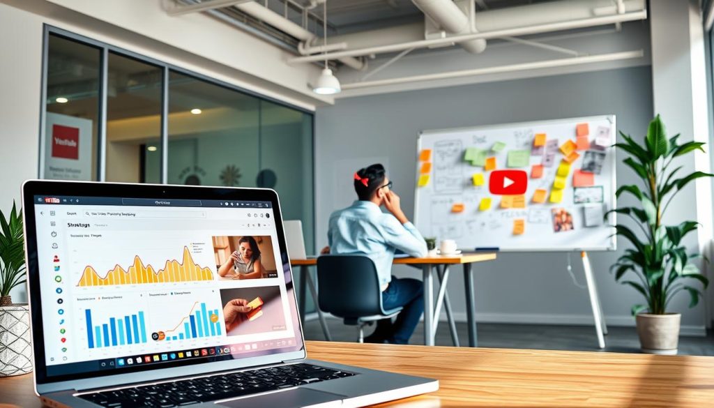 A vibrant, dynamic scene depicting a well-thought-out YouTube marketing strategy. In the foreground, a laptop screen shows an analytics dashboard, with charts and graphs visualizing key performance metrics. In the middle ground, a person sits at a desk, deep in thought, surrounded by sticky notes and a whiteboard covered in strategies and ideas. The background showcases a modern, minimalist office space, filled with natural light and hints of the company's branding. The overall atmosphere conveys a sense of focused creativity and data-driven decision-making, capturing the essence of an effective YouTube marketing strategy.