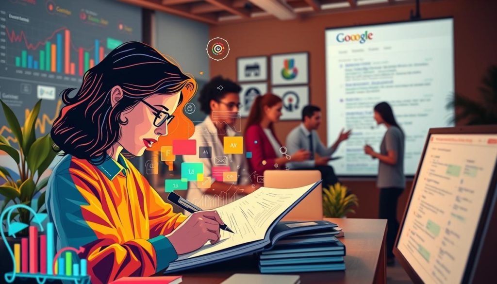 A vibrant, dynamic scene depicting the symbiotic relationship between content marketing and SEO. In the foreground, a vivid illustration of a writer crafting compelling content, surrounded by the intertwined elements of search engine optimization - colorful graphs, analytics dashboards, and targeted keywords. In the middle ground, a team of digital marketers collaborating, strategizing ways to amplify the reach and impact of the content. The background showcases a search engine results page, highlighting the organic placement and visibility of the expertly optimized content. Warm, natural lighting accentuates the collaborative, synergistic atmosphere. Captured through a wide-angle lens, conveying the interconnected, holistic nature of this powerful partnership.