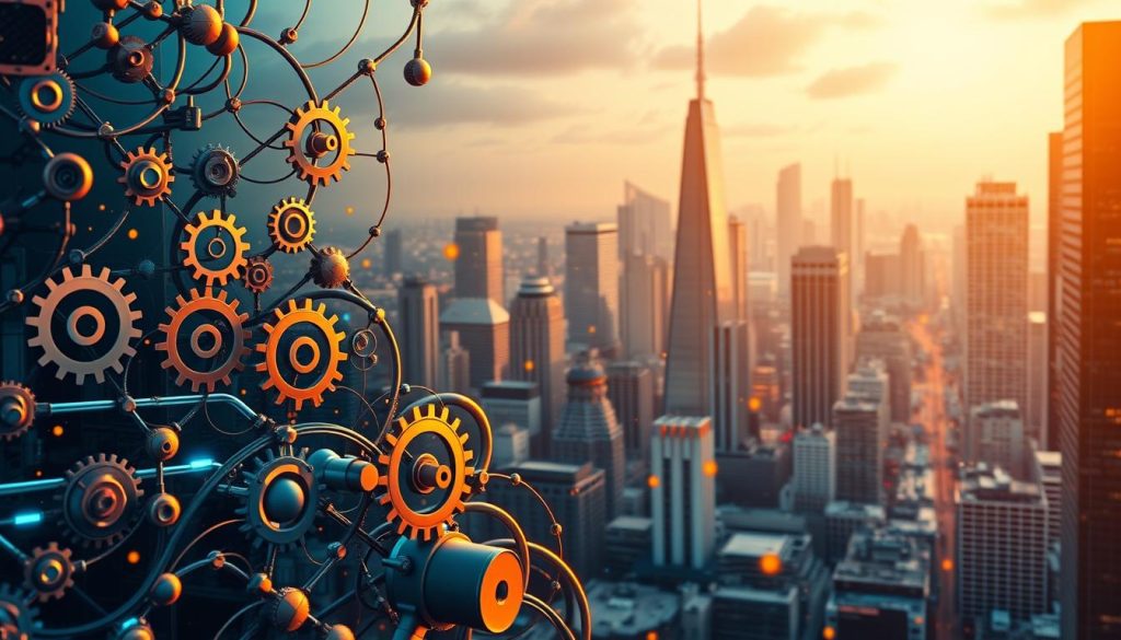A vibrant, dynamic scene of content marketing automation. In the foreground, an intricate network of gears, cogs, and data flows seamlessly intertwine, symbolizing the automated process of content creation, curation, and distribution. The middle ground features a sleek, futuristic interface with intuitive controls and real-time analytics, enabling effortless monitoring and optimization of the marketing campaigns. In the background, a cityscape of towering skyscrapers and bustling activity, representing the broader digital landscape in which the automated content marketing system operates. Warm lighting casts a soft, inviting glow, conveying a sense of efficiency, productivity, and innovation. The overall composition evokes a harmonious blend of technology, data, and human creativity, showcasing the power of content marketing automation.