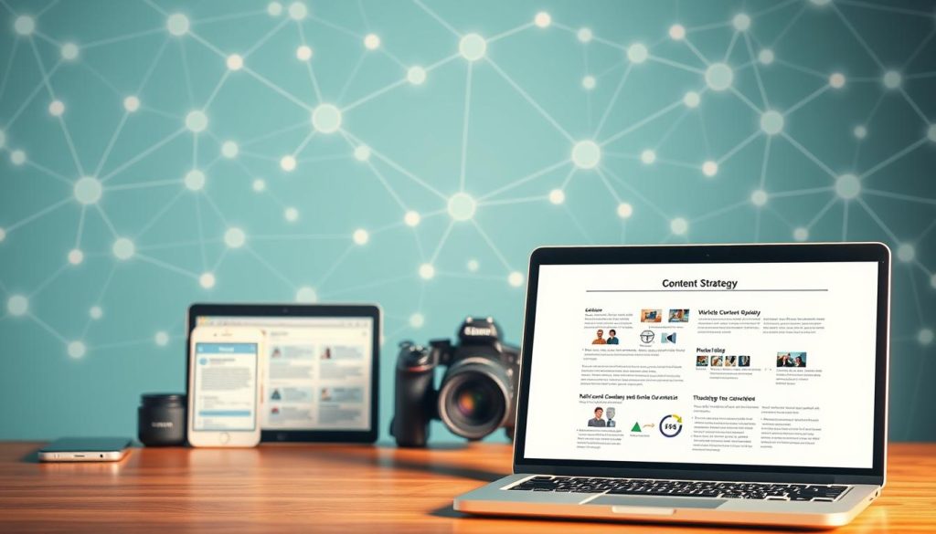 A vibrant, dynamic scene showcasing the strategic elements of content marketing in the digital age. In the foreground, a laptop displays a meticulously crafted content strategy, with well-organized sections and impactful visuals. The middle ground features an array of digital devices - smartphones, tablets, and a DSLR camera - symbolizing the diverse channels and touchpoints of modern content distribution. In the background, a stylized network of interconnected nodes and lines represents the digital landscape, pulsing with data and engagement. Soft, warm lighting casts a productive, thoughtful atmosphere, while a crisp, minimalist aesthetic underscores the precision and deliberation required for an effective content marketing strategy.