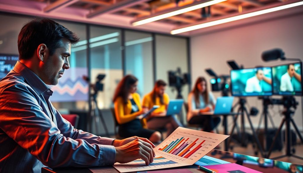 A vibrant, dynamic video marketing strategy unfolding against a backdrop of a sleek, modern office setting. In the foreground, a strategist poring over data analytics, surrounded by colorful charts and graphs depicting video engagement metrics. In the middle ground, a team of creatives brainstorming ideas, their faces illuminated by the glow of laptop screens. The background features an array of state-of-the-art video production equipment, suggesting a well-equipped studio primed for content creation. Subtle lighting highlights the focus and determination of the individuals, conveying a sense of purposeful, data-driven decision-making. The overall atmosphere is one of strategic vision, innovation, and a clear roadmap for video-driven business growth.