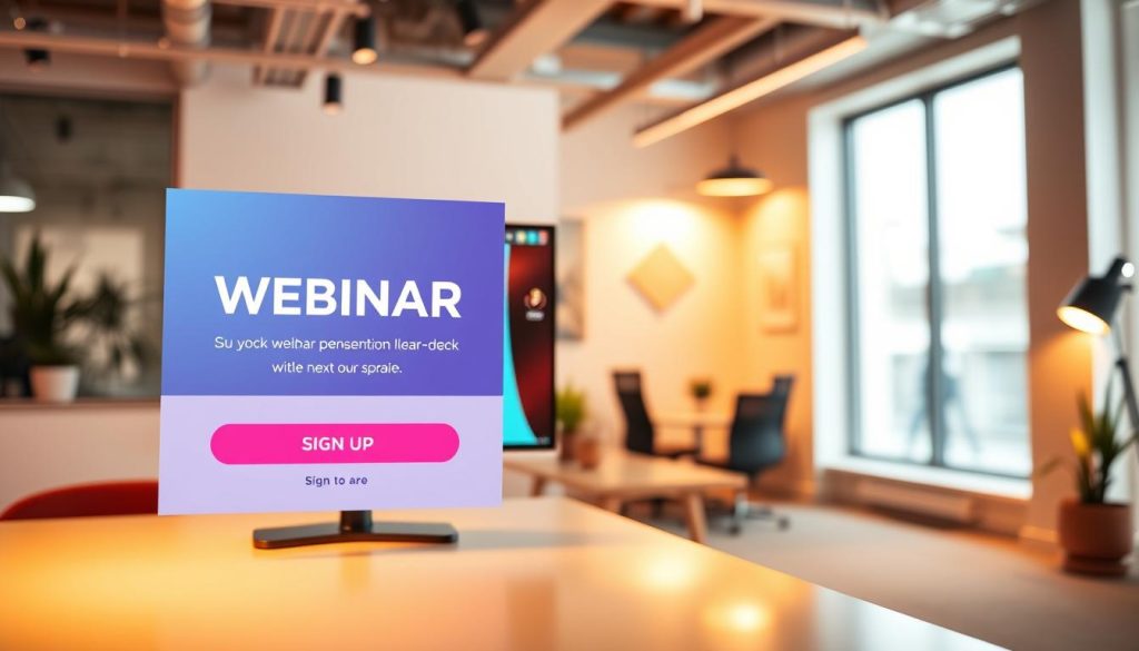 A vibrant, eye-catching webinar promotion scene with a modern, professional aesthetic. In the foreground, an elegantly designed webinar signup form with a call-to-action button. In the middle ground, a large, high-resolution monitor displaying a webinar presentation slide deck, lit by warm, directional lighting. In the background, a clean, minimalist office space with subtle hints of branding elements, such as a company logo or colors. The overall mood is one of productivity, engagement, and a sense of growth and opportunity. Captured with a wide-angle lens to showcase the full scene.