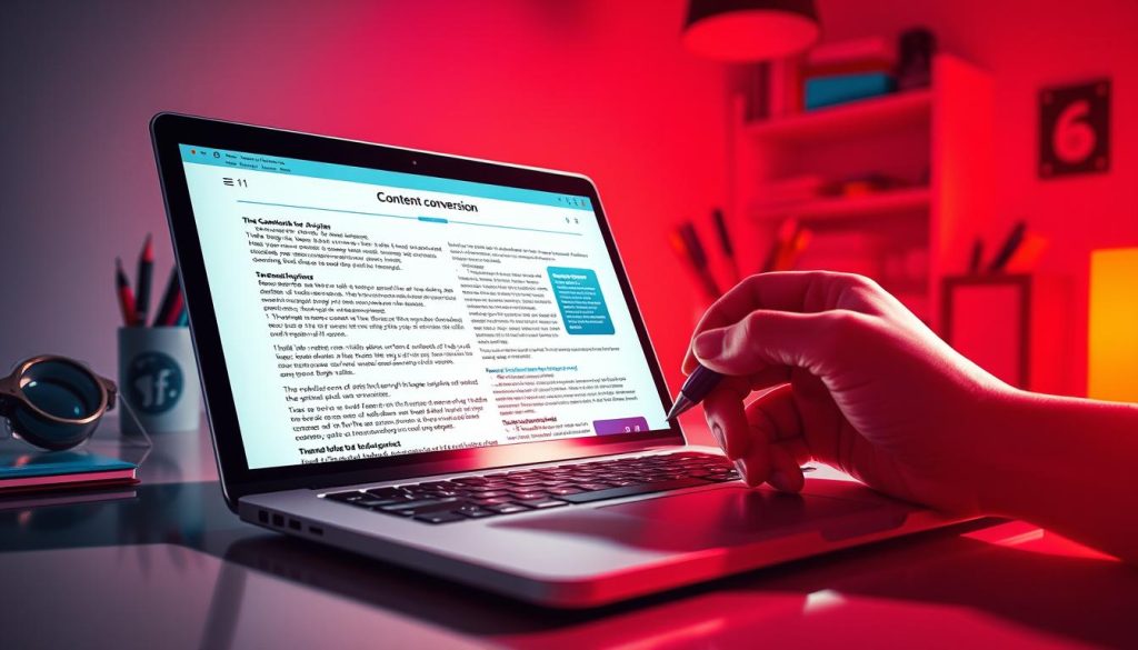 A vibrant, high-contrast image showcasing the process of content conversion. In the foreground, an open laptop displays a visually engaging article, its sections and subsections neatly organized. In the middle ground, a hand holds a pen, poised to take notes or make edits, symbolizing the refinement and optimization of the content. The background features a clean, modern workspace with various stationery items, conveying a sense of focus and professionalism. The lighting is sharp and directional, casting dramatic shadows and highlights that accentuate the details. The overall atmosphere is one of productivity, efficiency, and a commitment to creating high-quality, convertible content.