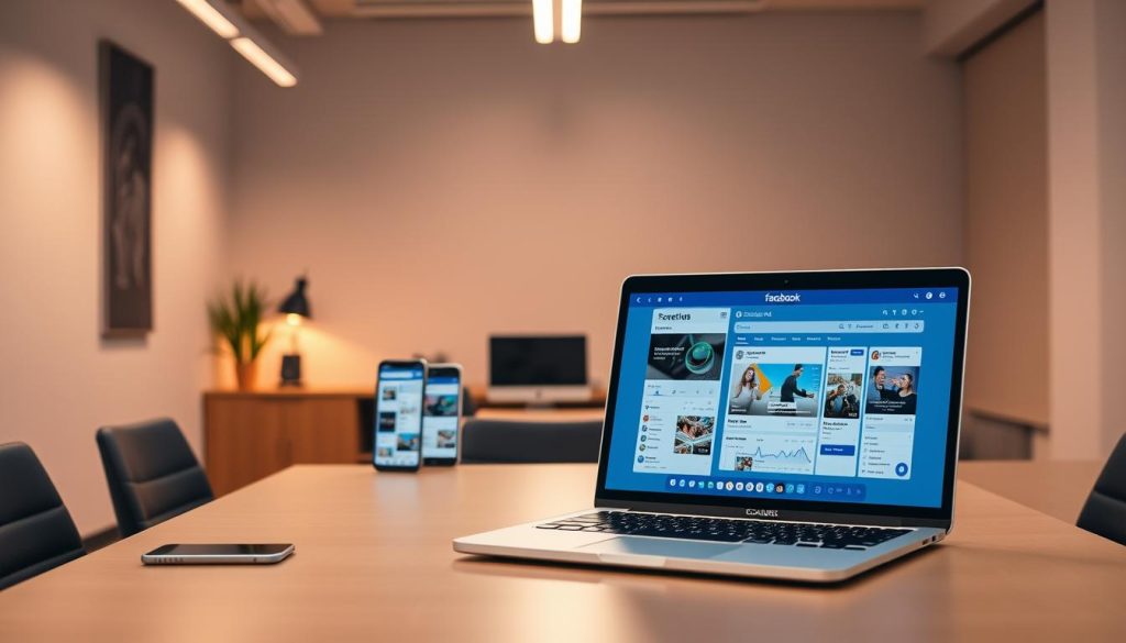 A vibrant, high-resolution image of a Facebook Ads example, showcasing a sleek and modern user interface. The foreground features a laptop display with a Facebook Ads campaign dashboard, meticulously designed with clean typography, intuitive controls, and strategically placed visual elements. The middle ground contains various digital devices, such as a smartphone and a tablet, displaying different Facebook Ads creatives and analytics data. The background depicts a minimalist office setting, with warm lighting, neutral-toned walls, and subtle hints of technology, conveying a professional and productive atmosphere. The overall mood is one of sophistication, innovation, and the importance of effective Facebook Ads strategies for business success.
