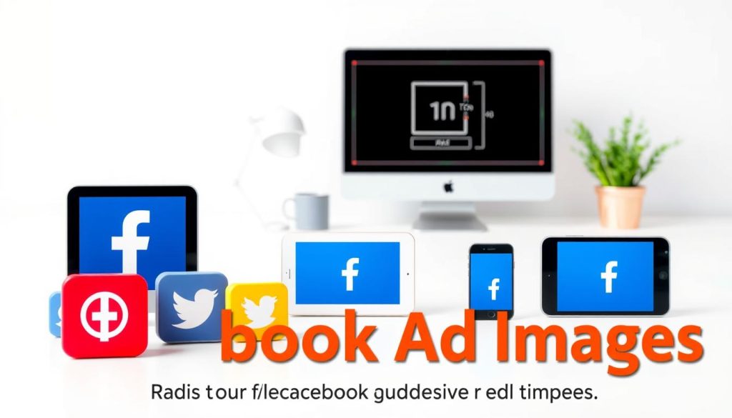 A vibrant, highly detailed image showcasing the recommended dimensions for Facebook ad images. Prominently displayed in the foreground are various social media icons and device screens, depicting the ideal image size and aspect ratio for Facebook advertisements. The middle ground features a clean, minimalist workspace with design tools and a computer monitor displaying visual guidelines. The background is a soft, neutral gradient, allowing the central elements to take center stage. The overall mood is professional, informative, and visually engaging, perfectly suited to illustrate the "Tools for Designing Facebook Ad Images" section of the article.