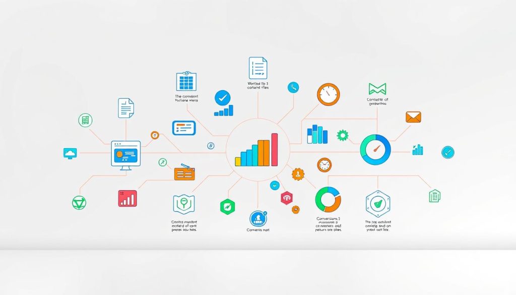 A vibrant infographic displayed on a minimalist, light gray background. In the foreground, a series of interconnected icons and visualizations, including bar charts, line graphs, pie charts, and gauges, all depicting various content marketing metrics such as website traffic, engagement rates, conversions, and return on investment. The icons are rendered in a clean, modern style with a color palette of blues, greens, and oranges, creating a balanced and visually appealing composition. The middle ground features subtle grid lines and data labels, providing context and clarity to the metrics. The background is softly lit, creating a sense of depth and focus on the central infographic elements.