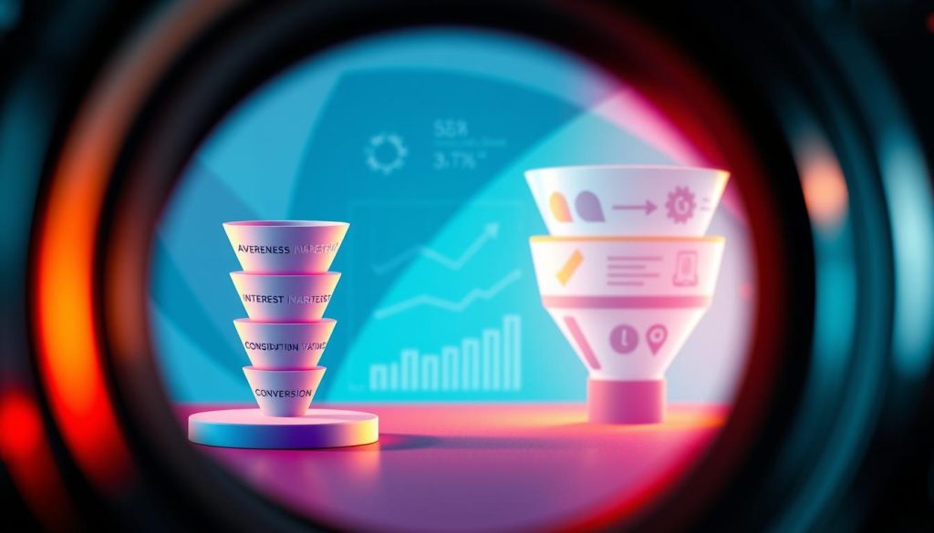 A vibrant, meticulously detailed illustration of a content marketing funnel, captured through the lens of a high-resolution digital camera. In the foreground, a sleek, three-dimensional graphic depicts the stages of the funnel: Awareness, Interest, Consideration, and Conversion, each represented by distinct geometric shapes and subtle gradients. The middle ground showcases a minimalist, data-driven visual featuring charts, graphs, and icons that illustrate the metrics and analytics associated with each stage. The background subtly blends cool-toned geometric patterns, hinting at the digital landscape in which content marketing thrives. Warm, directional lighting casts a subtle glow, creating depth and a sense of dynamism within the composition.