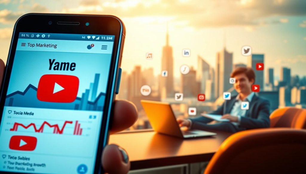 A vibrant, modern YouTube marketing scene. In the foreground, a smartphone displays a YouTube video with analytics and metrics. In the middle ground, a person is brainstorming social media strategies on a laptop, surrounded by icons and logos. In the background, a cityscape with skyscrapers and tech hubs, bathed in warm, golden lighting. The composition conveys the dynamic, data-driven nature of successful YouTube marketing for business growth.