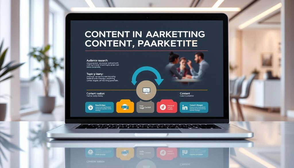 A vibrant, modern digital landscape showcasing a strategic content marketing strategy. In the foreground, a laptop screen displays a visually engaging infographic outlining key elements of lead-generating content - from audience research and topic ideation to content creation and distribution. In the middle ground, a team of creatives collaborates, brainstorming ideas and refining the strategy. The background features a sleek, minimalist office environment with clean lines, neutral tones, and strategic lighting that emphasizes the professional, data-driven nature of the content marketing approach. The overall mood is one of focus, efficiency, and a forward-thinking, digital-first mindset.
