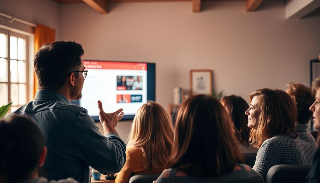 A vibrant online seminar setting with a presenter gesturing towards a large presentation screen, surrounded by an engaged audience. The scene is bathed in warm, natural lighting that casts a cozy, inviting atmosphere. The presenter's expression is dynamic and captivating, drawing the viewer's attention. In the foreground, the audience members lean forward, their faces alight with interest and curiosity. The background features minimal, clean decor that does not distract from the central focus - the presenter and their engaging content.