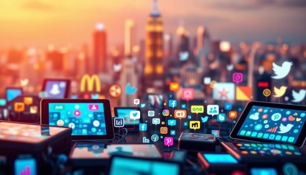 A vibrant social media landscape with a compelling visual narrative. In the foreground, digital devices display engaging content, their screens reflecting the hues of an energetic, digitally-connected world. The middle ground features a diverse array of social media icons and symbols, conveying the dynamic nature of online interactions. In the background, a blurred cityscape represents the global reach and impact of social media marketing. Warm, diffused lighting creates a sense of dynamism and a touch of whimsy, while a slightly elevated camera angle adds a sense of purpose and direction. The overall atmosphere is one of innovation, connectivity, and the power of social media to drive results.