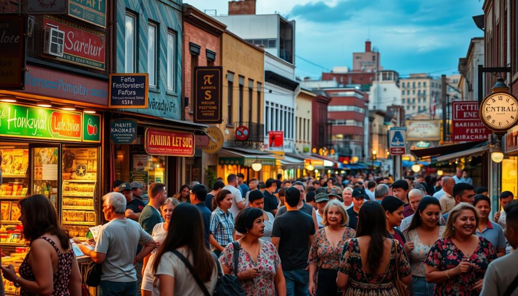 A vibrant street scene in a bustling urban setting, illuminated by warm, golden-hour lighting. In the foreground, a diverse group of individuals - local artisans, business owners, and community members - engaged in lively conversations and interactions, showcasing the rich cultural tapestry of the neighborhood. In the middle ground, colorful storefronts, murals, and signage reflect the unique local identity, while the background features a mix of historic and modern architecture, hinting at the area's evolution. The overall atmosphere conveys a sense of energy, community, and pride in the local culture.