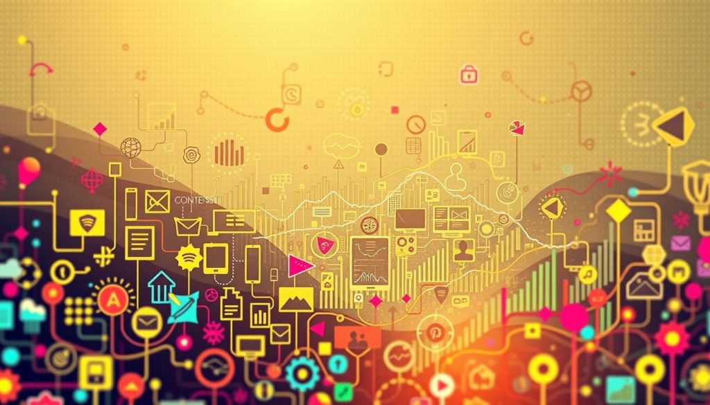 A vibrant tapestry of digital trends and innovations, captured in a dynamic, forward-looking composition. Sleek geometric shapes and fluid lines intertwine, hinting at the ever-evolving landscape of content marketing. A warm, glowing lighting illuminates the scene, casting a sense of optimism and possibility. The foreground features bold, distinctive icons and symbols, representing the cutting-edge tools and strategies that drive modern content campaigns. In the middle ground, a mosaic of abstract data visualizations and infographic elements suggest the data-driven nature of effective content marketing. The background is a subtly patterned, gradient-filled expanse, evoking the boundless potential of the digital realm. The overall mood is one of excitement, innovation, and the promise of growth.