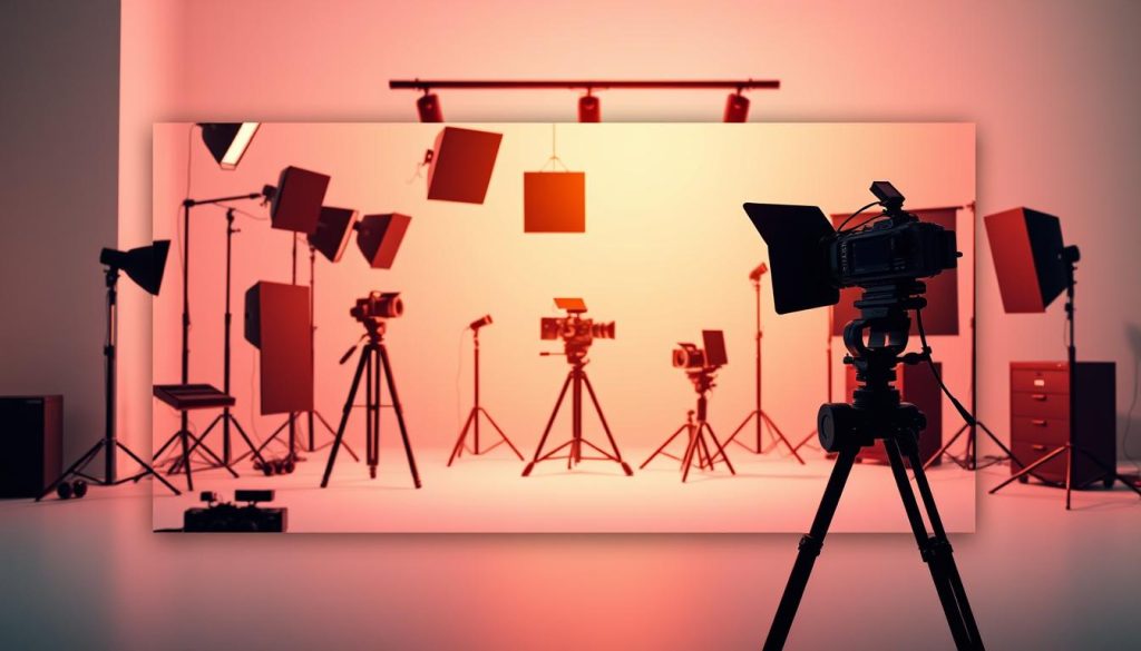 A vibrant, visually-captivating YouTube channel art design. A sleek, modern layout with a dynamic hero image showcasing a professional-looking studio setup. Softly lit with warm, natural lighting, the scene features high-quality camera equipment, studio lights, and audio gear, all arranged in an aesthetically pleasing composition. The background blends a subtle gradient of complementary colors, creating depth and visual interest. The overall design conveys a sense of creativity, professionalism, and a commitment to high-quality content production - perfect for a business-focused YouTube channel.
