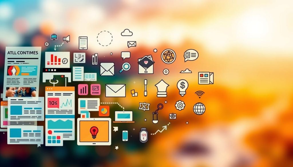 A vibrant, visually engaging digital collage showcasing the multi-channel implementation of content marketing creative. In the foreground, a dynamic composition of various content assets such as blog posts, social media posts, infographics, and videos, all seamlessly integrated. The middle ground features stylized icons and illustrations representing different digital platforms - website, email, social media, online ads. In the background, a blurred, abstract landscape of bold, complementary colors, evoking a sense of motion and energy. Warm, natural lighting casts a soft glow, highlighting the diverse elements and creating a cohesive, visually striking representation of comprehensive content marketing execution across multiple channels.
