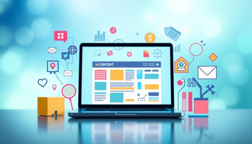 A vibrant, visually striking digital illustration depicting a content marketing strategy. The foreground features a modern, minimalist design with various geometric shapes, icons, and infographic elements representing key aspects of content marketing such as social media, search engine optimization, email campaigns, and analytics. The middle ground showcases a laptop or tablet displaying a content calendar, editorial plan, or analytics dashboard. The background has a soft, blurred gradient in shades of blue and green, creating a sense of depth and digital technology. The lighting is bright, crisp, and evenly distributed, highlighting the clean, professional aesthetic. The overall mood is one of focus, productivity, and strategic planning for effective content marketing.