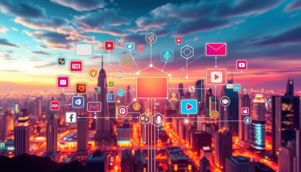 A vibrant, visually striking illustration of various content distribution channels, captured through a dynamic, cinematic lens. In the foreground, a diverse array of digital platforms and mediums - social media, email, video, blogs, and podcasts - emerge as interconnected hubs, their icons and symbols pulsing with energy. The middle ground features a seamless integration of these channels, with content flowing effortlessly between them, represented by geometric shapes and lines that convey a sense of interconnectivity and synergy. In the background, a futuristic cityscape with towering skyscrapers and a vibrant, neon-lit skyline sets the stage, hinting at the expansive reach and global impact of these content distribution networks. The overall composition is balanced, dynamic, and visually captivating, reflecting the powerful role of content distribution in modern lead generation strategies.