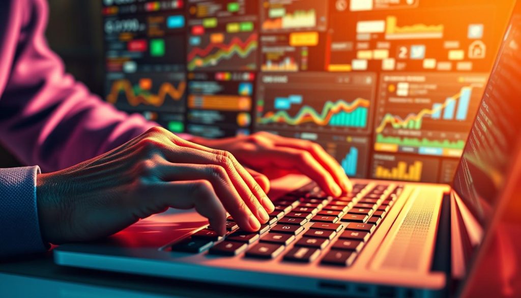 A vibrant, visually-striking image depicting the synergy between content marketing and SEO. In the foreground, a pair of skilled hands artfully crafting a blog post, their fingers dancing across a keyboard. In the middle ground, shimmering data visualizations and analytics dashboards, tracking the post's performance and SEO impact. The background subtly fades into a mosaic of search engine results pages, organic traffic flows, and social media engagement - the tangible fruits of an effective content marketing and SEO strategy. Soft, warm lighting bathes the scene, conveying a sense of productivity, collaboration, and digital momentum. Captured through the lens of a high-resolution DSLR camera, this image visually encapsulates the powerful connection between content and search optimization for business growth.