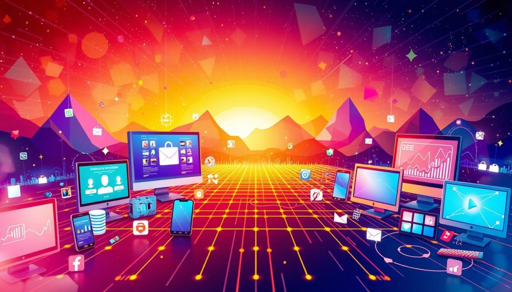 A vibrant, visually stunning illustration of "performance content marketing distribution channels" showcasing various digital platforms against a dynamic backdrop. In the foreground, a diverse array of screens, mobile devices, and social media icons depict the different channels for content distribution. The middle ground features a pulsing energy grid, symbolizing the flow of information and engagement. In the background, an abstract landscape of colorful geometric shapes and gradients represents the ever-evolving digital landscape. The scene is illuminated by a warm, ambient lighting that creates a sense of depth and momentum, perfectly capturing the essence of successful performance content marketing.