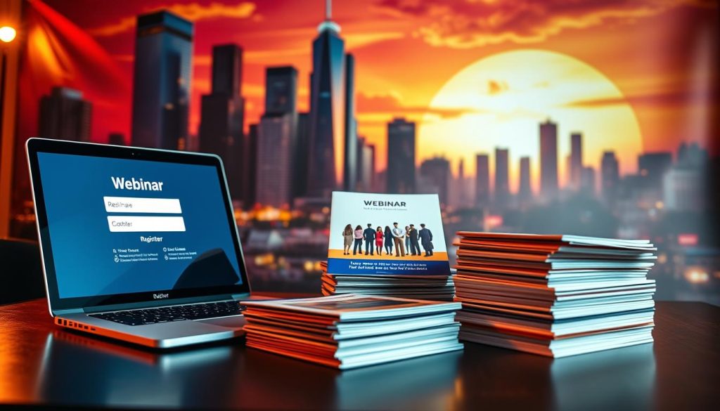 A vibrant webinar promotion scene with a striking visual backdrop. In the foreground, a sleek laptop displays a webinar registration page, its screen casting a soft glow. Beside it, a neatly stacked pile of printed materials, including brochures and flyers, showcases the webinar details. The middle ground features a stylized graphic of a growing audience, representing the potential attendees. In the background, a dynamic cityscape with towering skyscrapers and a vibrant sunset sky sets the stage, conveying a sense of energy and opportunity. Warm lighting and a slightly hazy atmosphere create an inviting and professional ambiance, drawing the viewer's attention to the key elements of the webinar promotion.