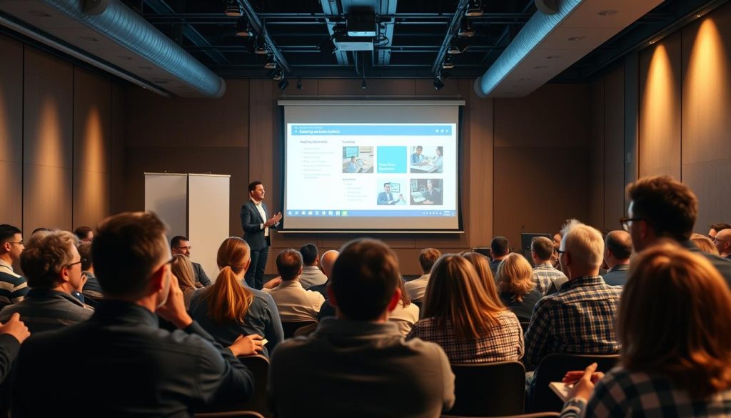A vibrant webinar scene with an engaged audience, the host standing confidently on a well-lit stage, gesturing to a large projection screen displaying informative visuals. The room is filled with attentive attendees, some nodding, others jotting down notes, creating an atmosphere of lively discussion and active learning. Soft ambient lighting casts a warm glow, while strategic camera angles capture the energy and interaction between the presenter and the captivated audience. The overall mood conveys a sense of productive collaboration and impactful knowledge sharing.