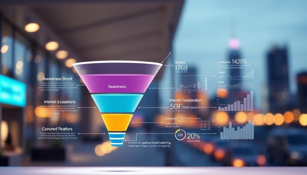 A vibrant, well-lit sales funnel optimization diagram showcases a sleek, modern design. In the foreground, a stylized funnel shape with distinct stages - Awareness, Interest, Consideration, Conversion - is rendered in a clean, minimalist aesthetic. The middle ground features dynamic data visualizations, charts, and graphs illustrating key metrics and performance indicators. The background depicts a subtle, blurred cityscape, conveying a sense of urban sophistication. The overall mood is one of clarity, efficiency, and strategic focus, capturing the essence of nurturing leads through a sales funnel.