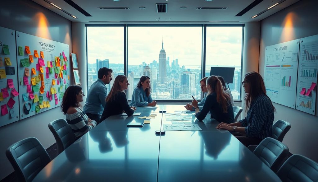 A vibrant, well-lit scene depicts a carefully curated strategy board. In the foreground, a team gathers around a large, sleek conference table, engaged in animated discussion. Colorful sticky notes, charts, and diagrams adorn the walls, conveying a sense of productive collaboration. Soft, directional lighting casts a warm glow, creating an atmosphere of focus and determination. In the background, a panoramic window offers a view of a bustling city skyline, hinting at the larger context and ambitions of the "performance content strategy" being developed. The scene exudes a sense of strategic planning, meticulous execution, and a commitment to achieving success.