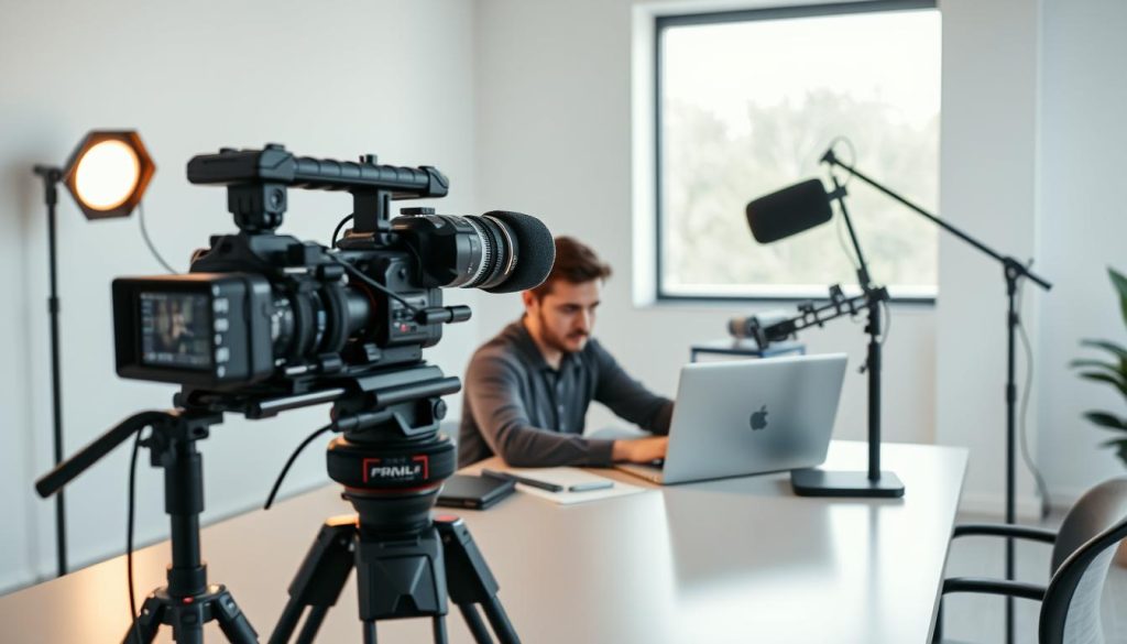 A video content creator sitting at a desk, surrounded by professional video production equipment. In the foreground, a high-quality camera on a tripod, a lighting setup with soft, warm illumination, and a microphone on a boom arm. In the middle ground, the creator is intently focused, editing footage on a sleek laptop. The background features a minimalist, modern office space with clean lines and a large window letting in natural light. The overall atmosphere is one of intentionality, creativity, and technical expertise.