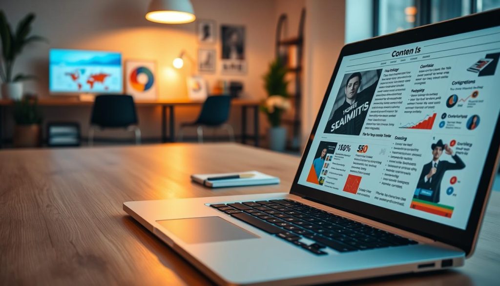 A visually stunning image of high-quality content marketing. In the foreground, a laptop displays an engaging, visually-rich digital article, its content captivating the viewer. The middle ground features a well-curated collection of creative assets - sleek infographics, vibrant stock imagery, and stylized typography. In the background, a minimalist workspace with clean lines and warm lighting sets the tone of professionalism and creativity. The overall mood is one of focus, inspiration, and the promise of effective, conversion-driven content. Captured with a crisp, high-resolution lens, this image exemplifies the essence of impactful content marketing.