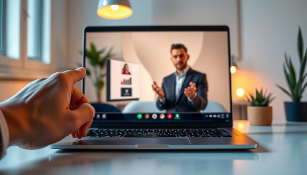 A webinar presentation unfolds on a sleek, modern laptop, illuminated by warm, diffused lighting. In the foreground, a hand gracefully gestures, highlighting key points on the screen. The middle ground features a professional, confident speaker delivering a captivating presentation, their features softly lit. The background showcases a minimalist, yet inspiring workspace, with clean lines and subtle plant accents, creating a sense of focus and productivity. The entire scene exudes a mood of engaged, thoughtful discussion, inviting the viewer to immerse themselves in the webinar experience.