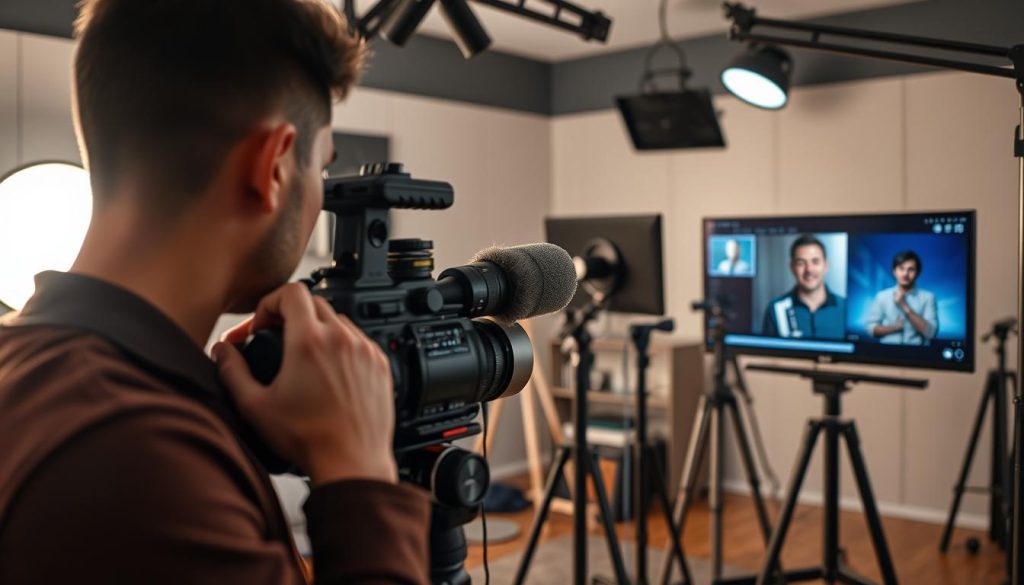 A well-equipped recording studio with a professional-grade camera, microphone, and lighting setup. Sleek, modern design with clean lines and neutral tones. In the foreground, a filmmaker adjusts the camera, their face obscured by the viewfinder. In the middle ground, a content creator reviews footage on a high-resolution monitor, brow furrowed in concentration. The background is softly blurred, hinting at a cozy, dedicated workspace filled with the tools of the video production trade - tripods, boom arms, and cables neatly organized. The overall mood is one of focused creativity, with a sense of the careful craftsmanship and technical skill required to produce engaging video content.