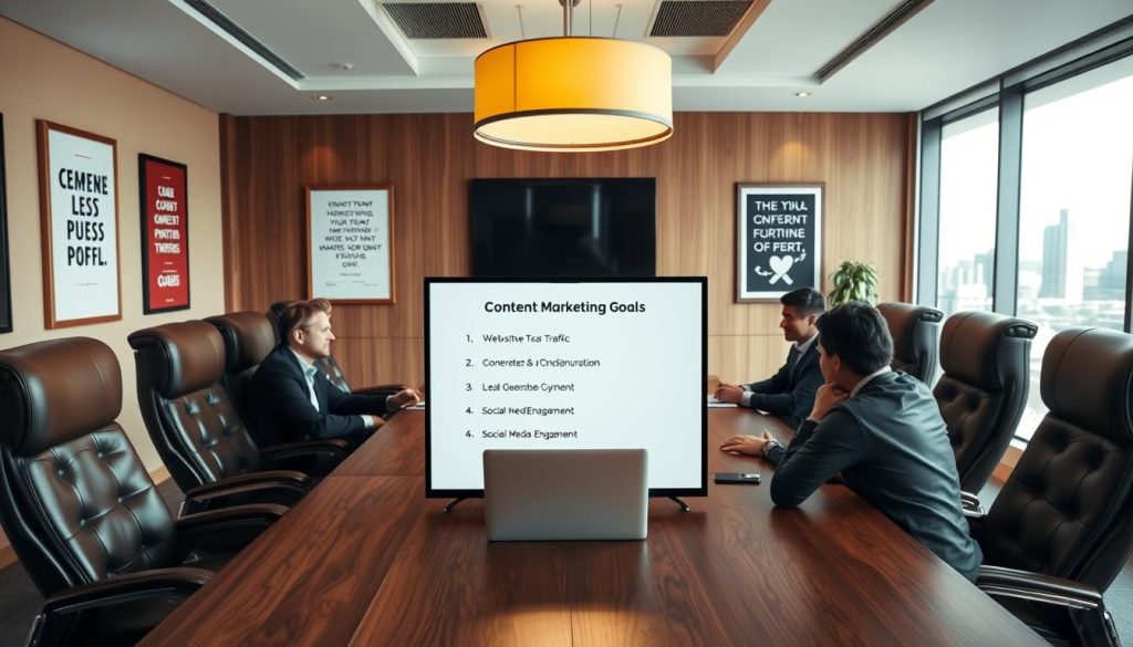 A well-lit boardroom with a large, wooden table at the center. Surrounding the table, a group of business professionals sit in high-backed leather chairs, engaged in a lively discussion. On the table, a laptop displays a presentation with a clear, concise list of content marketing goals, including metrics like website traffic, lead generation, and social media engagement. Overhead, a modern lighting fixture casts a warm glow, creating a sense of focus and productivity. The walls are adorned with framed motivational posters, subtly reinforcing the importance of achieving these goals. Through the large windows, a cityscape can be seen in the background, adding a sense of context and the wider business landscape.