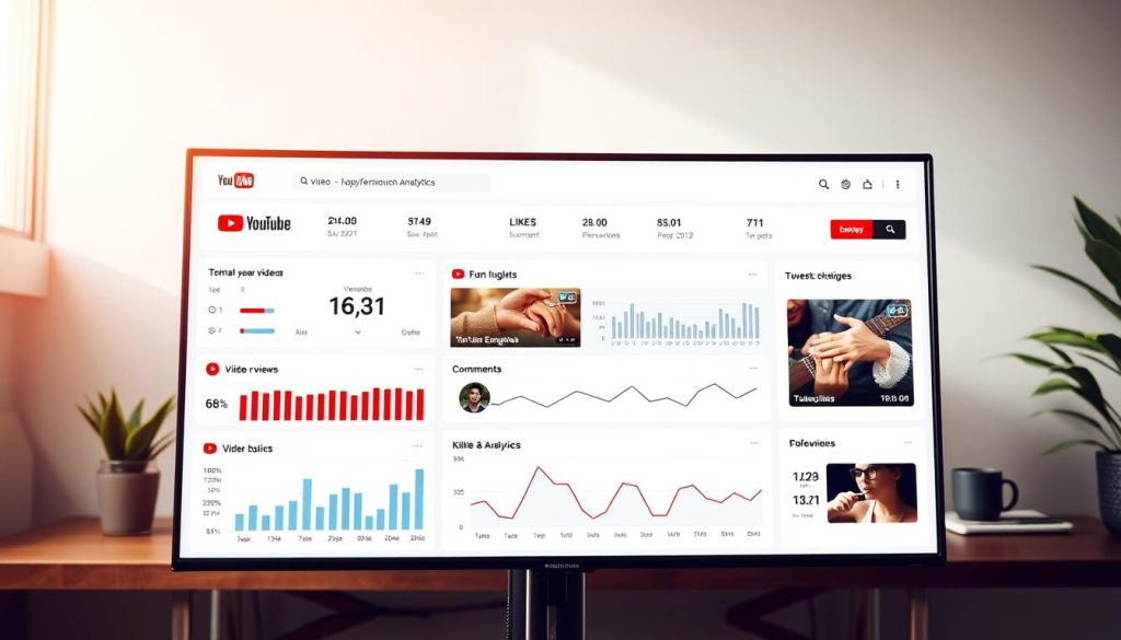 A well-lit, high-resolution YouTube analytics dashboard. The foreground features a sleek, modern interface displaying key performance metrics such as views, likes, comments, and subscriber count. The middle ground showcases detailed analytics graphs and charts, providing insights into audience engagement and video performance. The background is a clean, minimalist workspace with a large monitor and a subtle, professional vibe. The lighting is warm and natural, creating a sense of clarity and focus. The composition is balanced, drawing the viewer's attention to the informative and visually appealing data visualization.