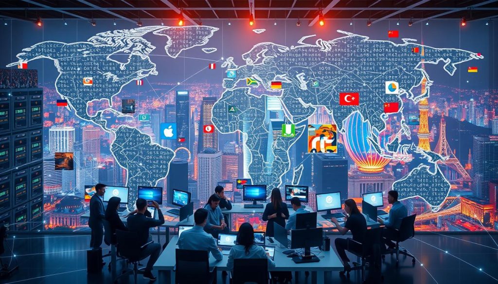 A well-lit, high-resolution image of a global business network with servers, data hubs, and people collaborating across different locales. The foreground depicts a diverse team of marketers and content creators working together on a digital campaign, surrounded by a middle ground of interconnected screens and devices displaying localized content. The background showcases a vibrant cityscape with skyscrapers, flags, and cultural symbols, representing the international reach of the localized content strategy. The scene conveys a sense of seamless integration, dynamic collaboration, and the power of content tailored to specific regional audiences.