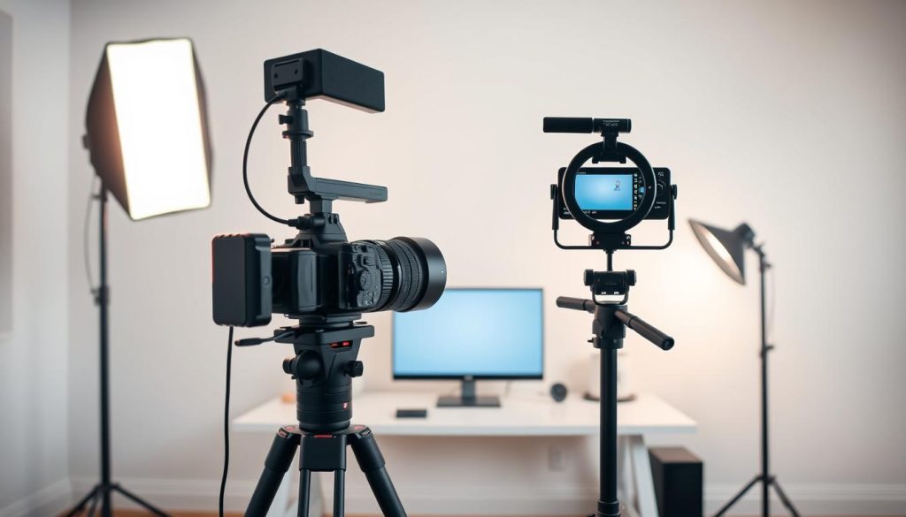 A well-lit, neatly organized YouTube channel setup, featuring a professional-grade camera on a sturdy tripod, capturing a clean and minimalist background. The foreground showcases high-quality lighting equipment, including softbox lamps and a ring light, casting a warm, even glow. In the middle ground, a modern, sleek desk supports a high-resolution monitor, a high-quality microphone, and other essential streaming gear. The background features a neutral-toned wall, creating a polished, distraction-free environment. The overall atmosphere radiates a sense of professionalism, attention to detail, and a commitment to producing high-quality content.